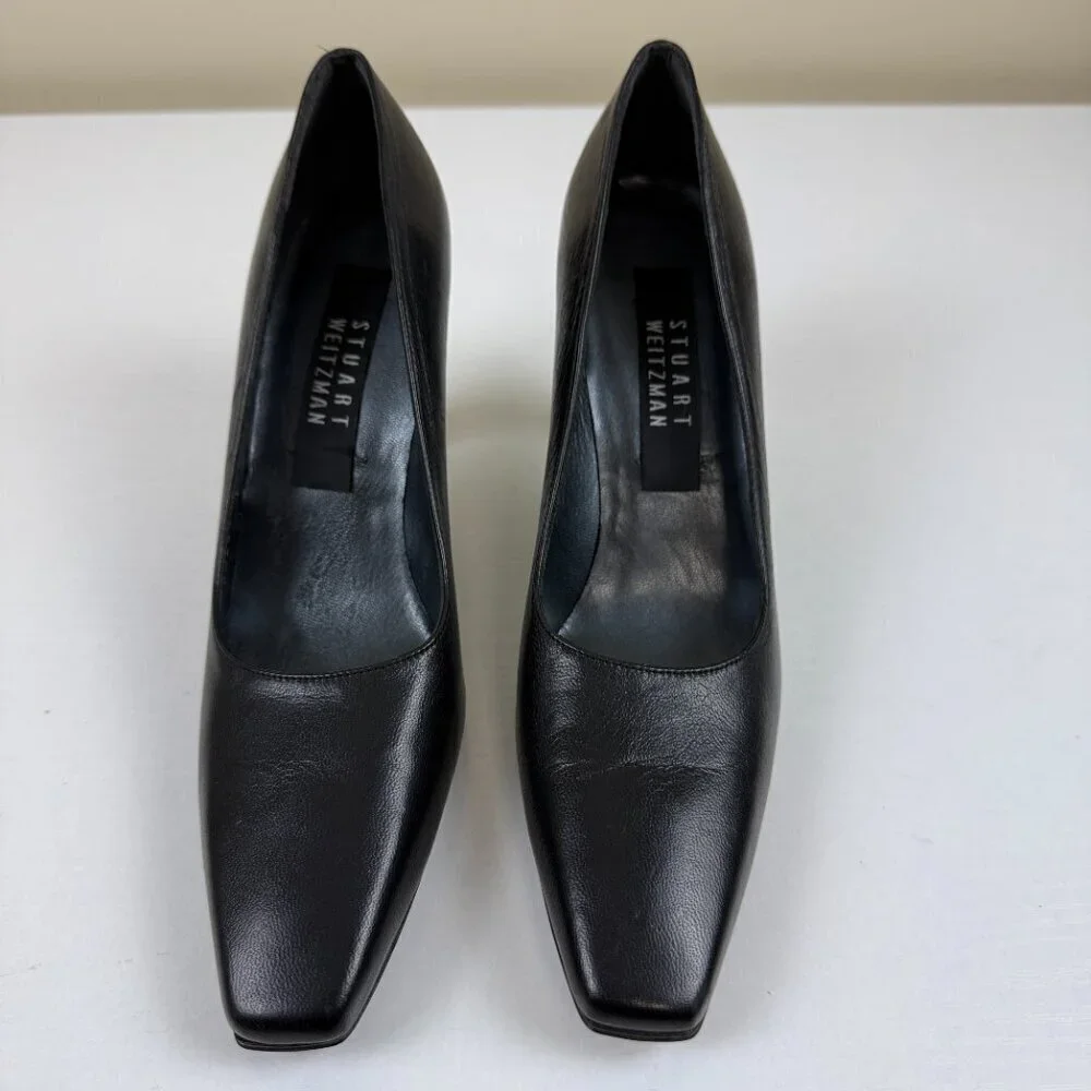 New Stuart Weitzman Black Leather Heel Pumps